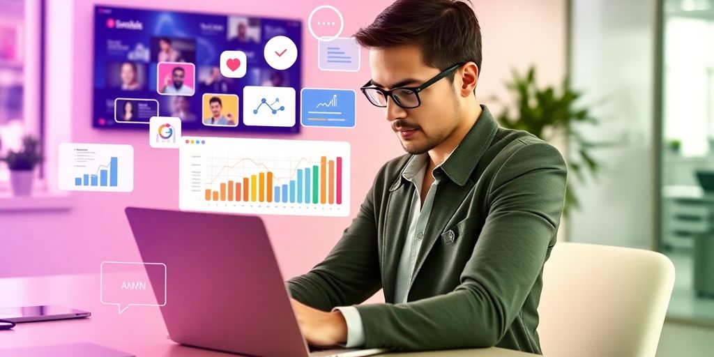 Profissional de marketing digital analisando desempenho de anúncios.