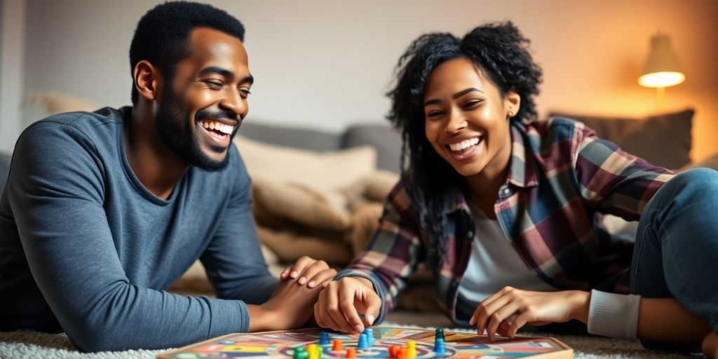 Couple laughing, playing board game