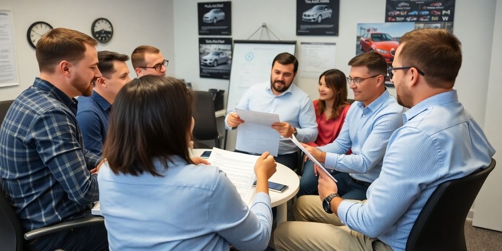 Sales team training on car sales phone scripts.