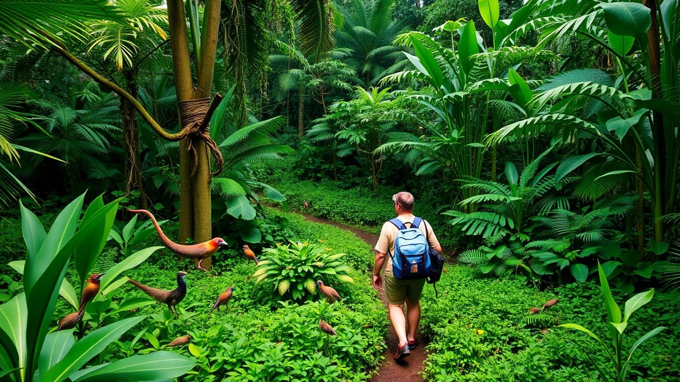 Guide leading tourists through the Amazon rainforest.