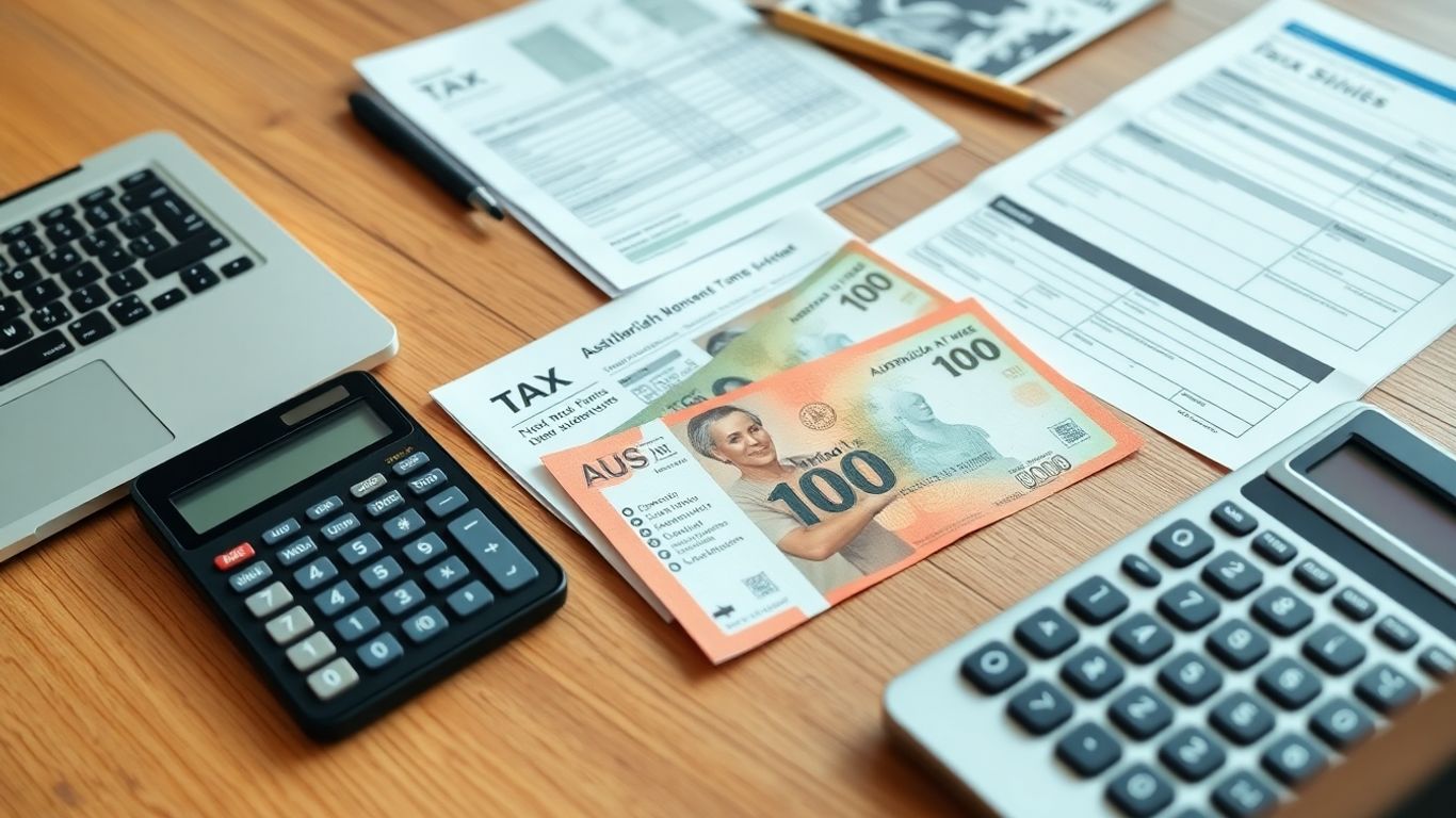 Australian money, tax documents, laptop, and calculator on desk