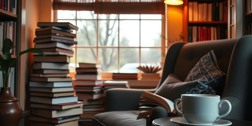 Cozy reading nook with books and warm lighting.