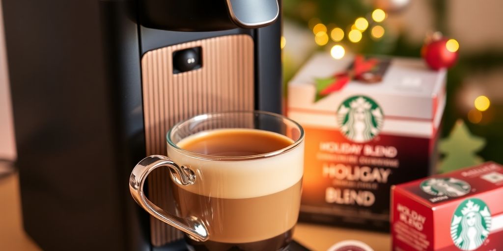 Close-up of Nespresso machine and Starbucks K-Cups.