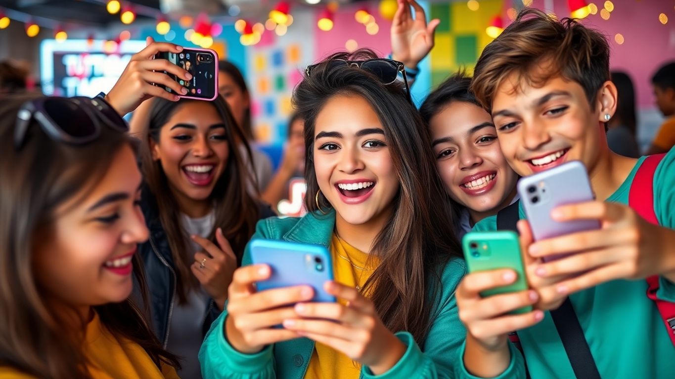 Young people enjoying TikTok on smartphones, vibrant atmosphere.