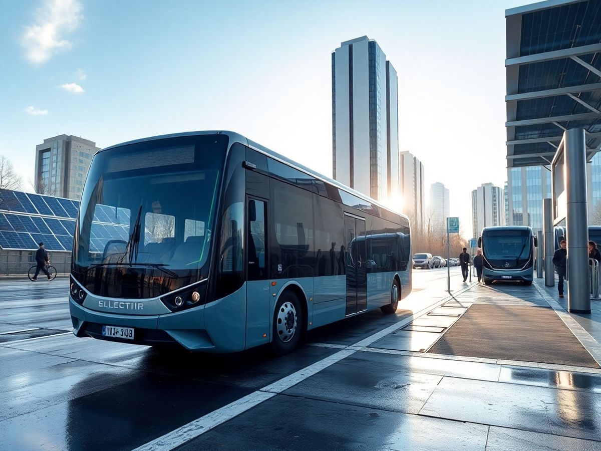 Autobuz electric la stație modernă cu vehicul autonom în fundal