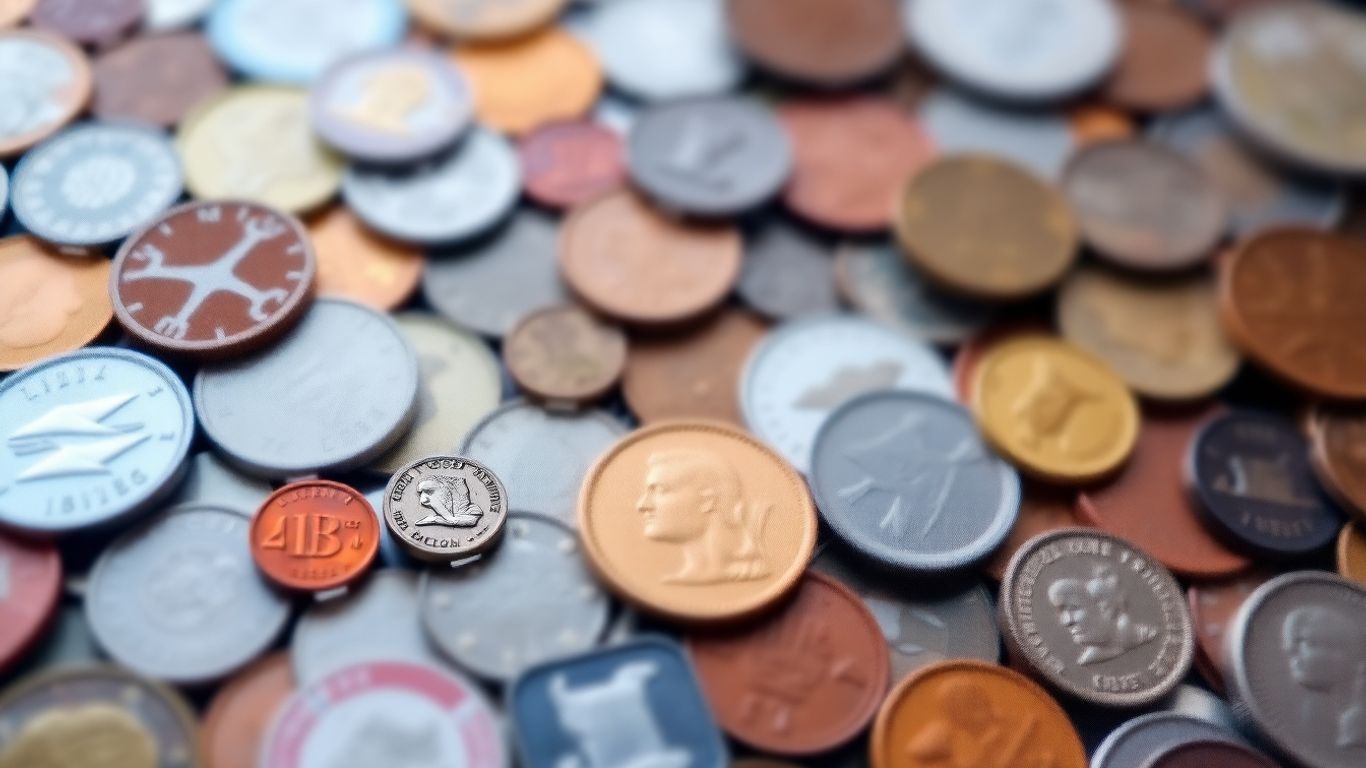 Digital interface with coins and values, blurred coin background.