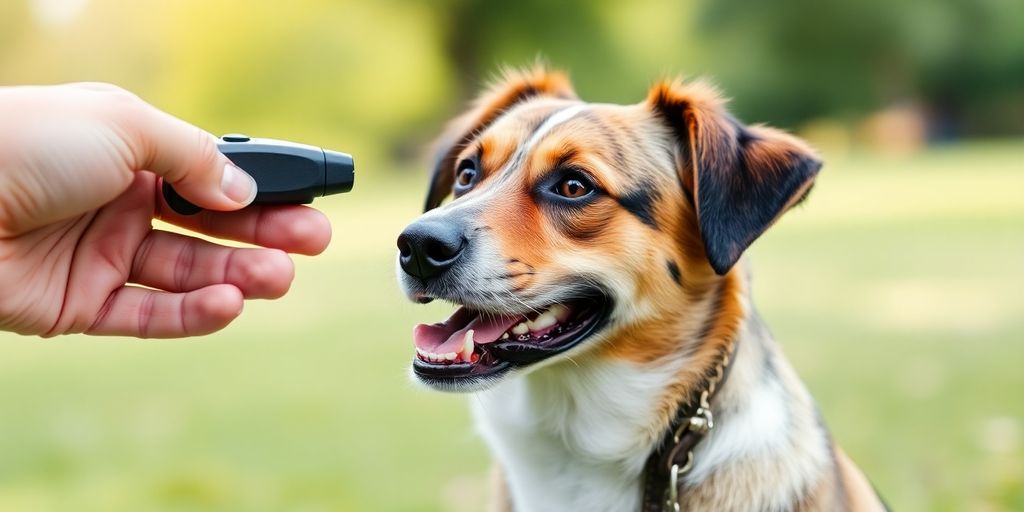 Dog listening to a whistle during training session.