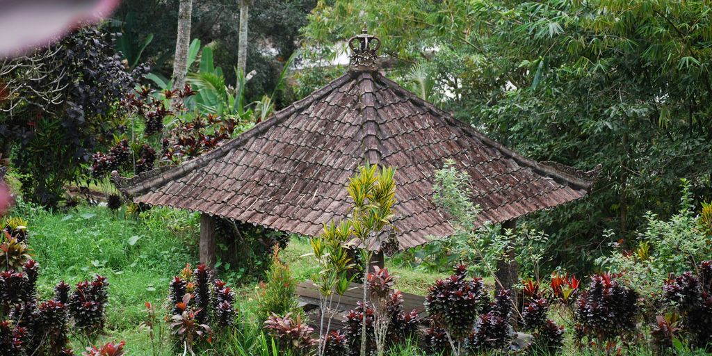 a grass hut in a garden