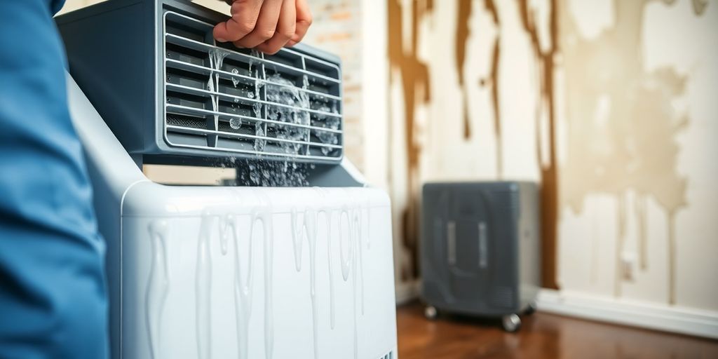 Technician operating a dehumidifier in a damaged room.