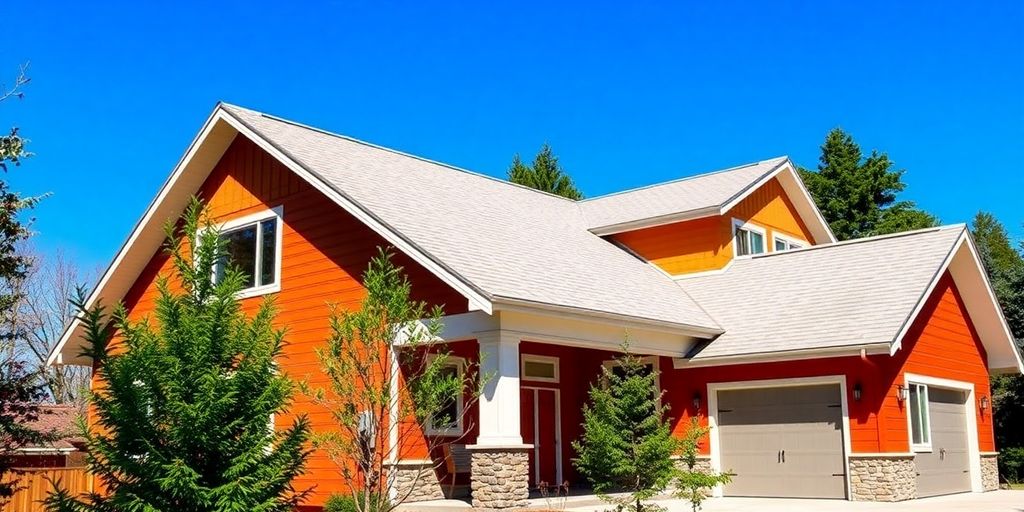 Modern home with new roof and vibrant exterior colors.