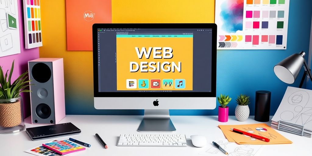 Creative workspace with web design tools and a computer.