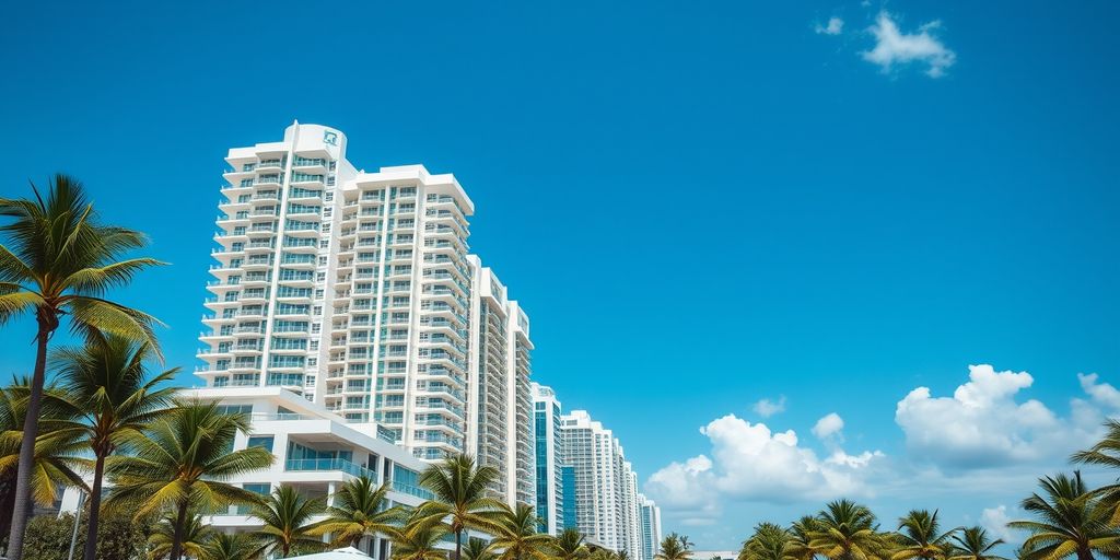 Sunny Isles Beach with luxury condos and palm trees.