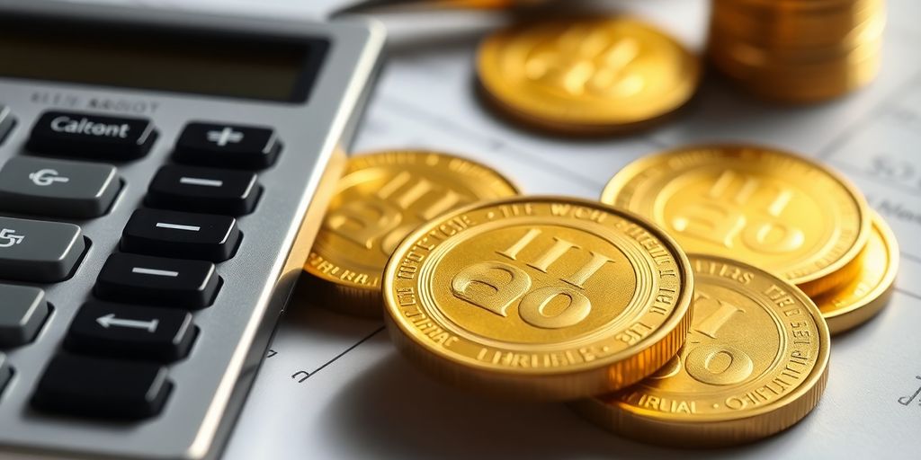 Pièces d'or et calculatrice pour frais de notaire.