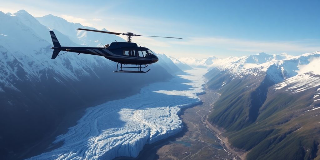 A helicopter flying over a majestic Alaskan glacier and mountains.