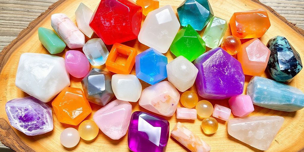 Cristalli colorati su un tavolo di legno.