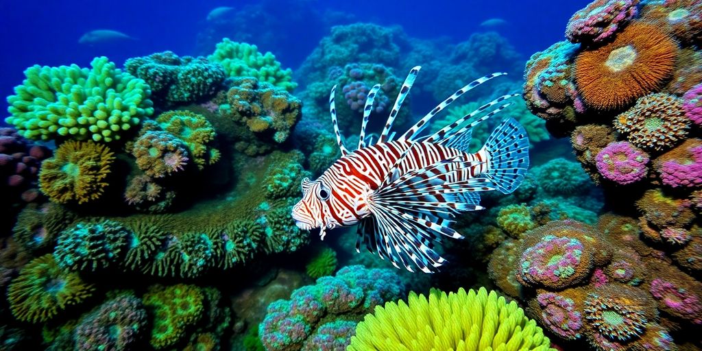 Peixe-leão nadando entre corais coloridos do Oceano Índico.