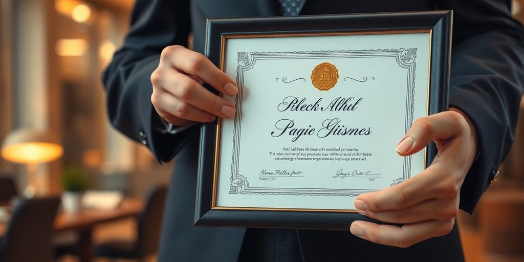 Professional hands holding certification document.