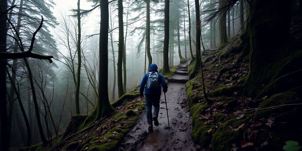 Hiker on muddy trail, rain, forest