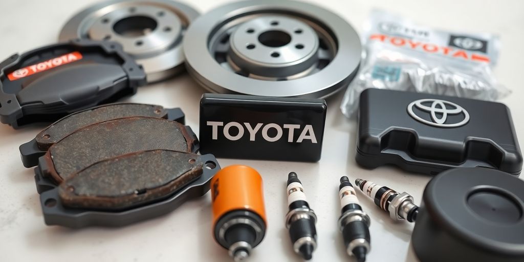 New Toyota car parts on a clean surface.