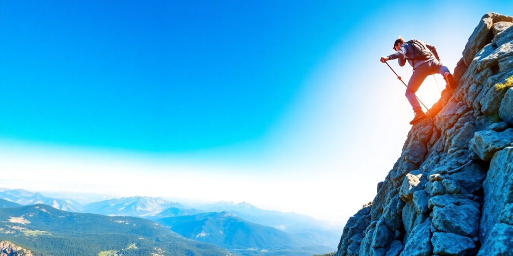 Man climbing a mountain in a scenic outdoor landscape.