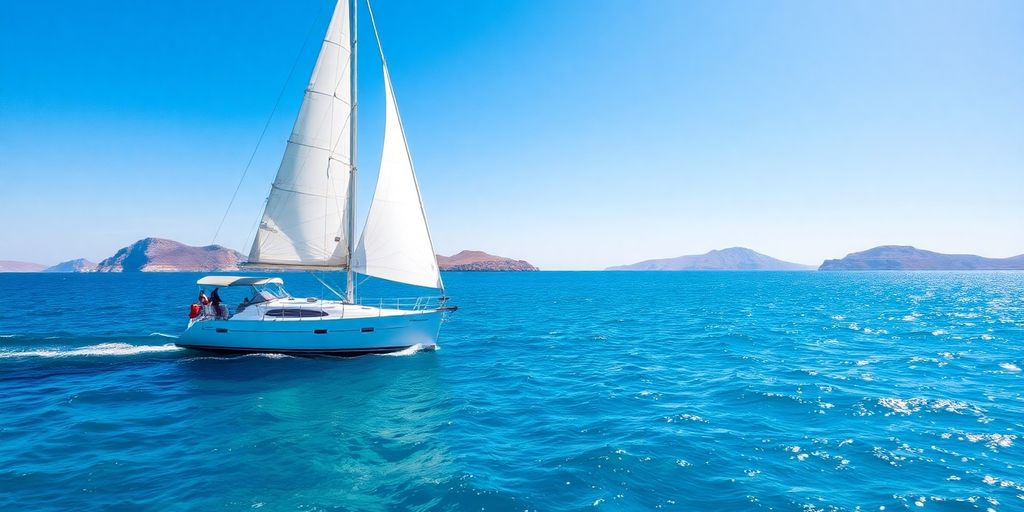 Sailboat glides on turquoise Greek waters.