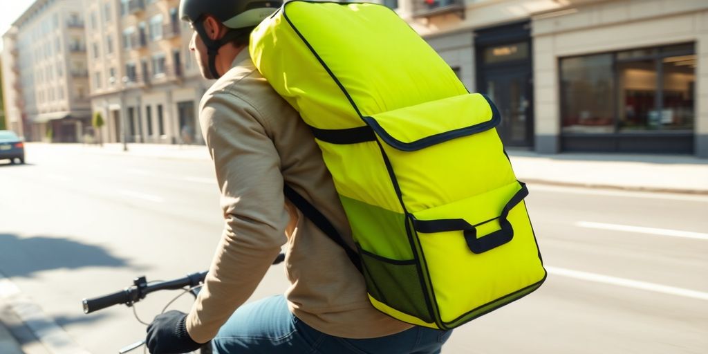 Delivery driver on bike with large insulated bag.