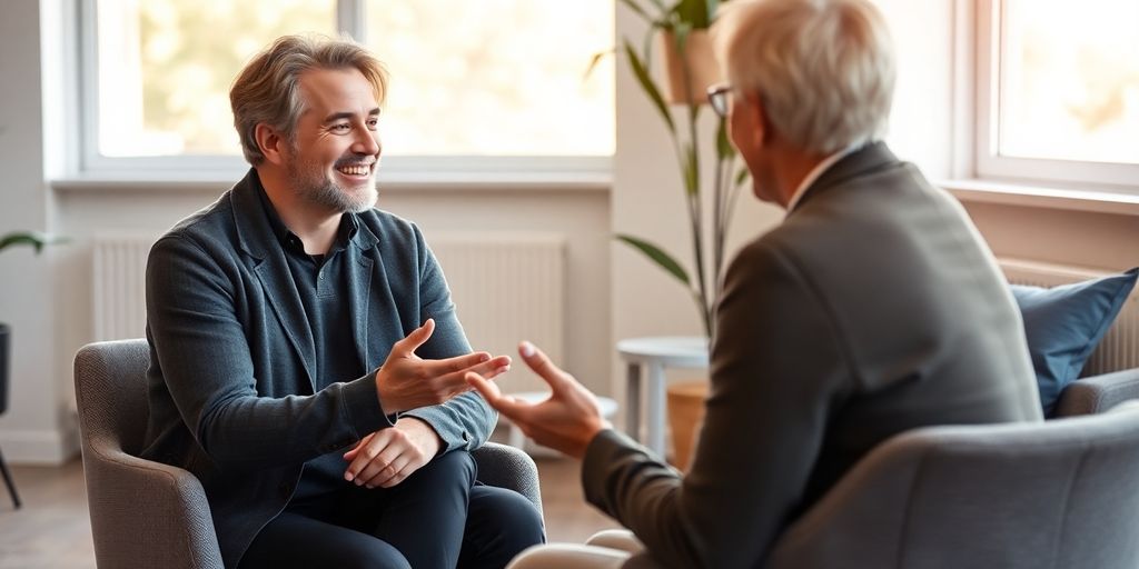 Life coach with client, warm light.