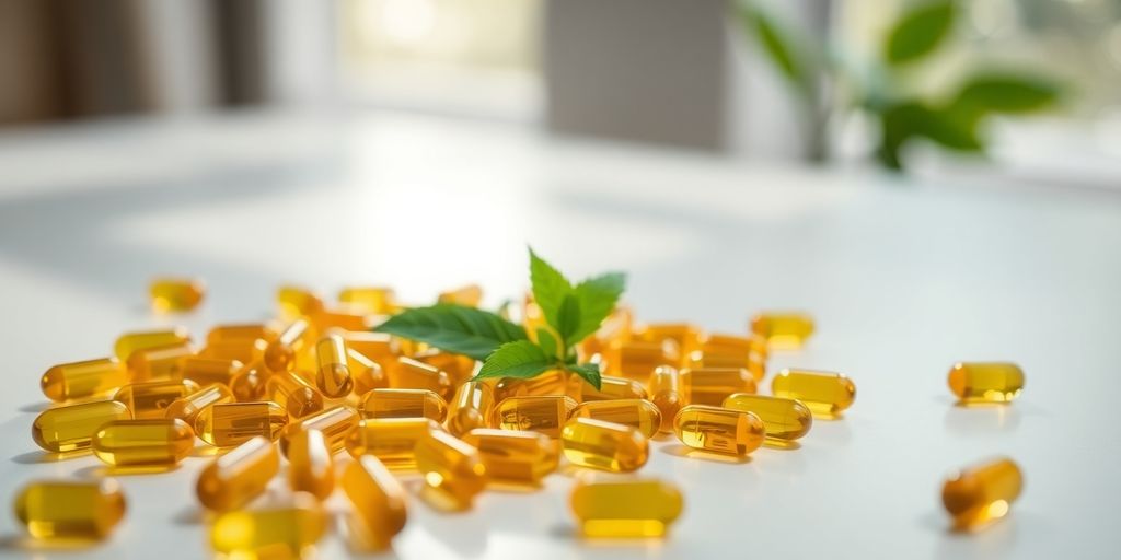 CoQ10 capsules, green leaves, natural light.