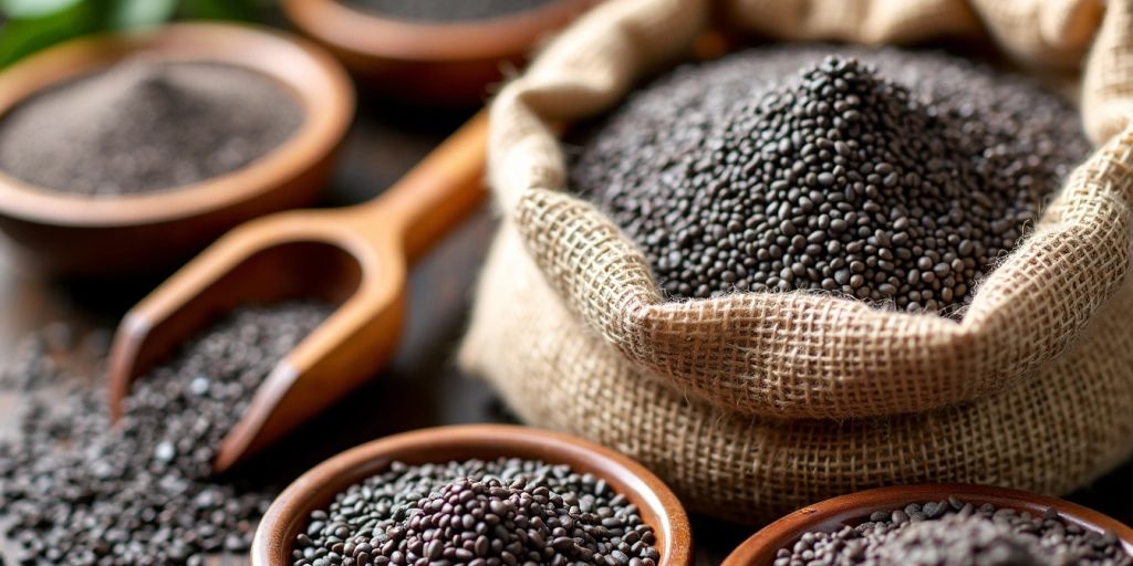 Burlap sack and bowls of chia seeds.