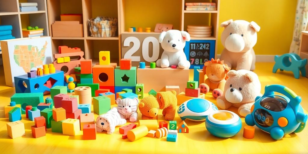 Farbige Kinderspielzeuge auf einem Spielzimmerboden.