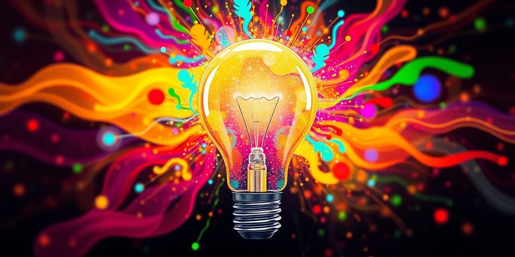 Lightbulb glowing with digital creative AI elements.