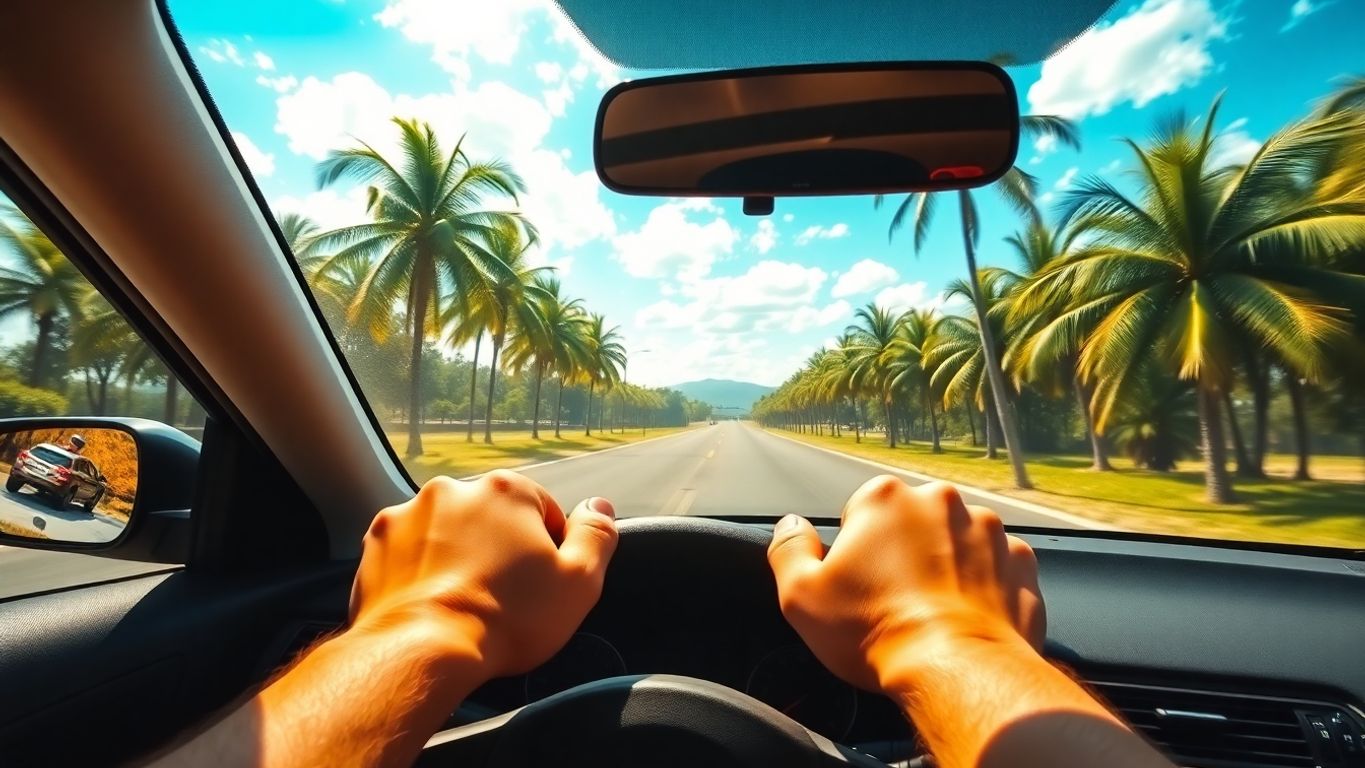 Operator's hand on dashboard, road ahead, palm trees.