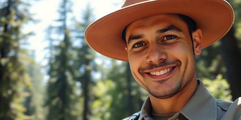 Smiling park ranger, binoculars, forest background, sunny day.