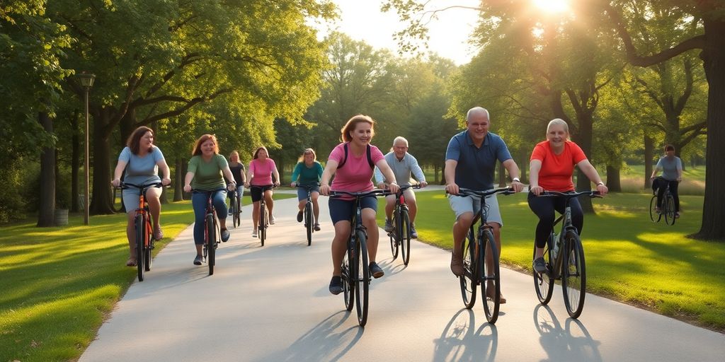 Cyclists of different ages on a sunny path