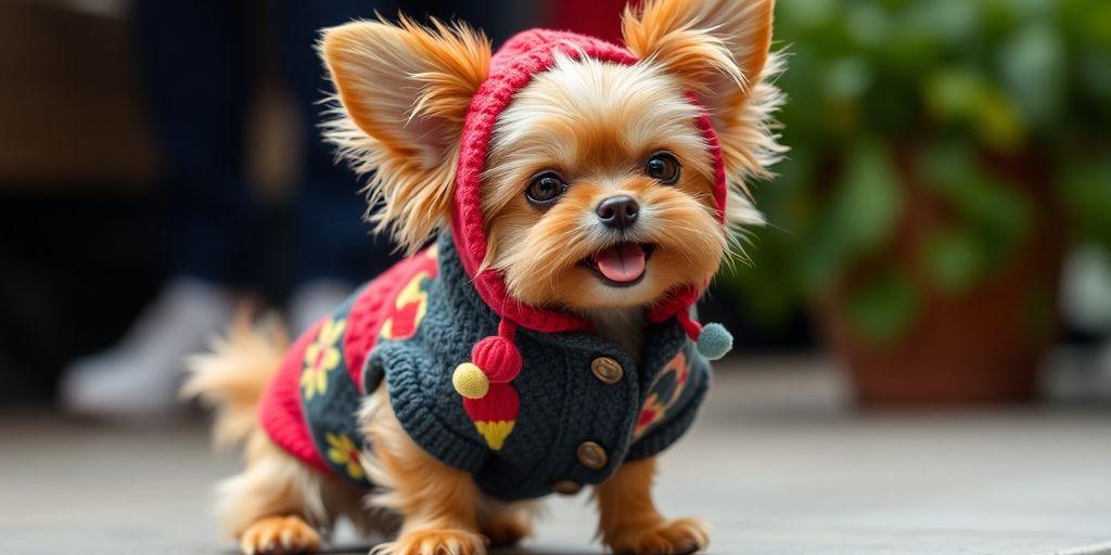 Small dog wearing a cute, fashionable outfit.
