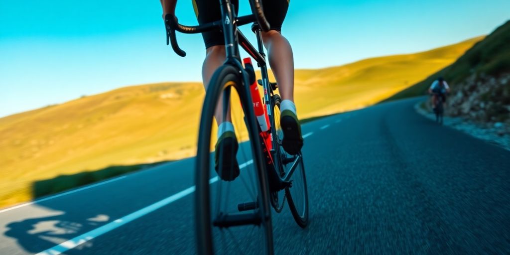 Cyclist riding a bicycle on scenic road.