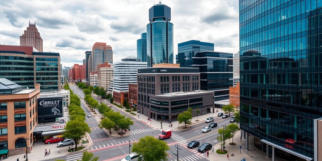 Nashville cityscape with modern buildings and vibrant streets.