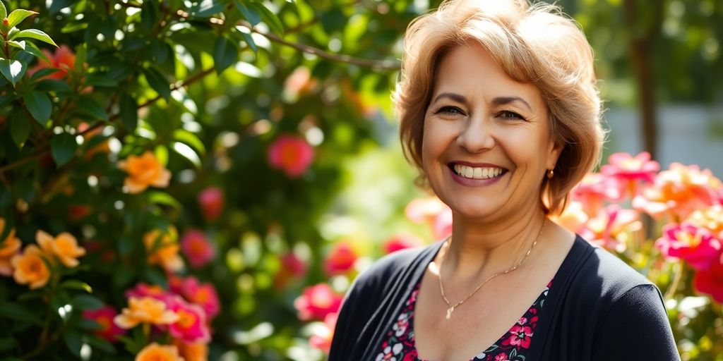 Bettina Anderson smiling in a vibrant garden setting.