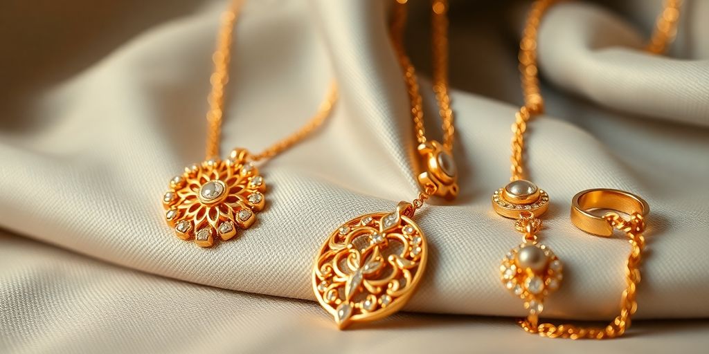 Bijoux en or sur un fond tissu doux.