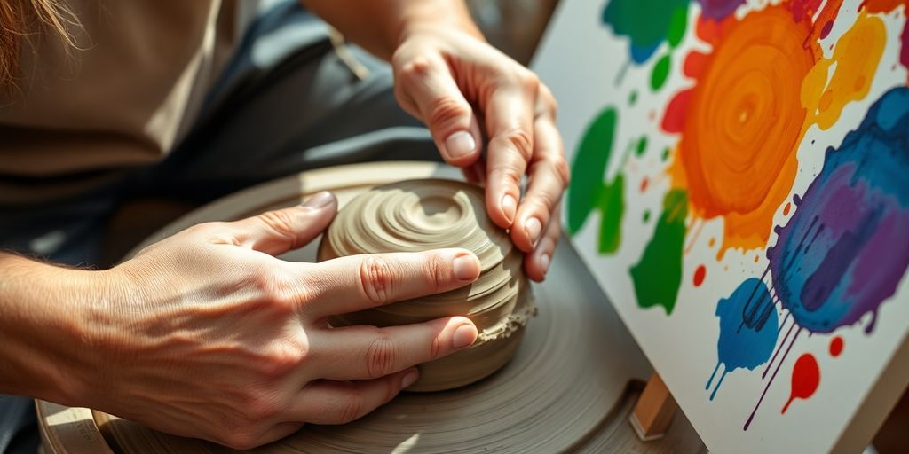 Hands shaping clay, brush painting on canvas.