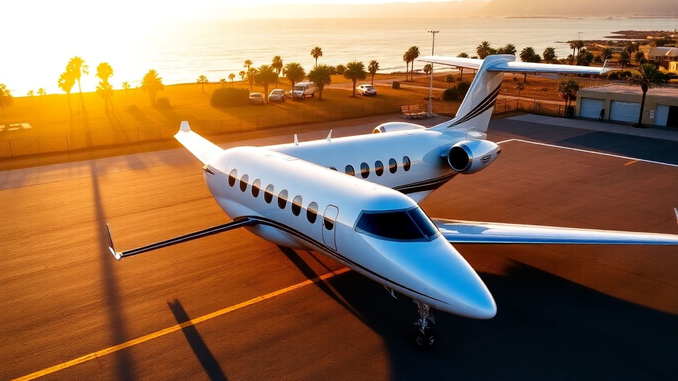 Private jet on tarmac with tropical destination background.