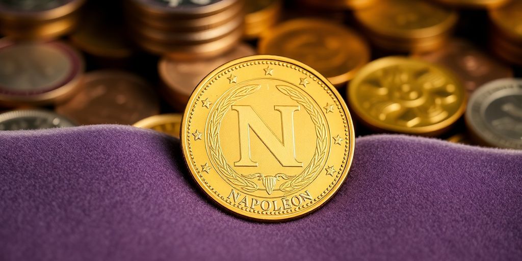 Pièce de Napoléon en or sur un fond en velours.