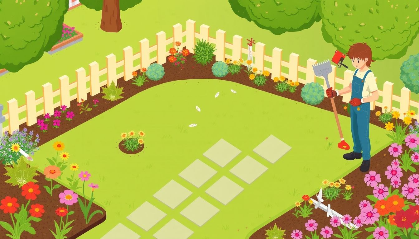 Illustrative garden with lawn, flowers, and gardener.