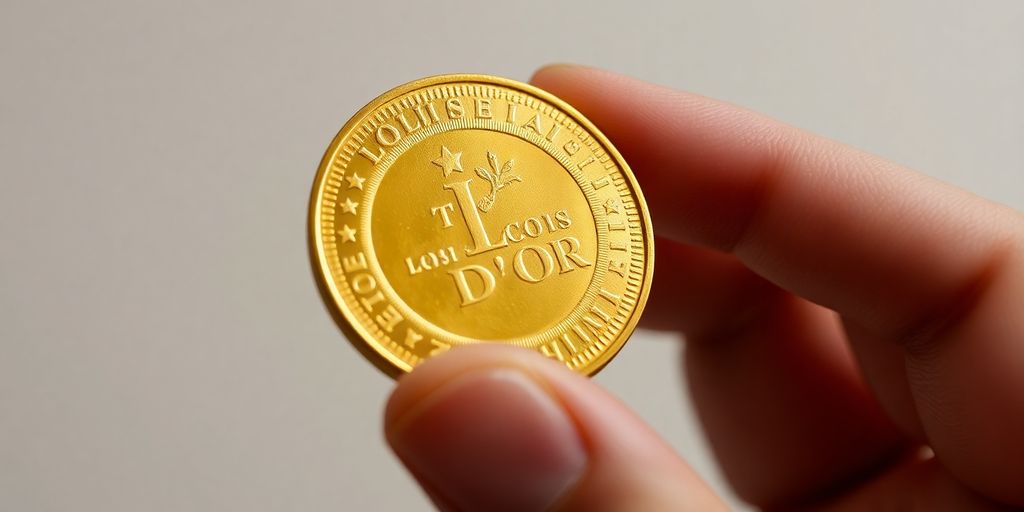 Une main tenant une pièce d'or Louis d'Or.