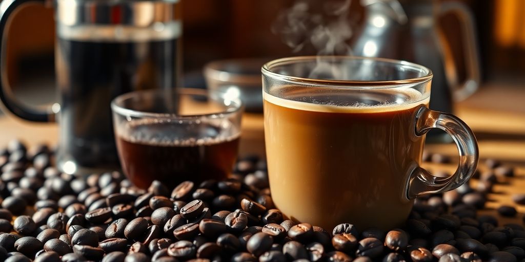 Coffee beans, brewed coffee, brewing equipment.