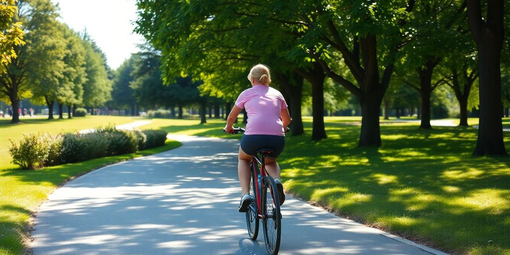 Person cycling on a scenic path after a workout.