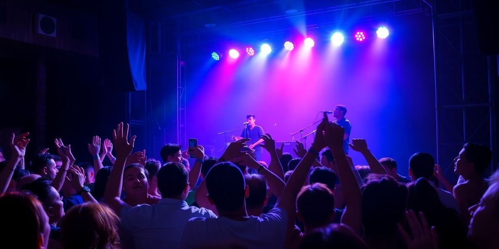 Energetic band playing on dimly lit stage, crowd dancing.