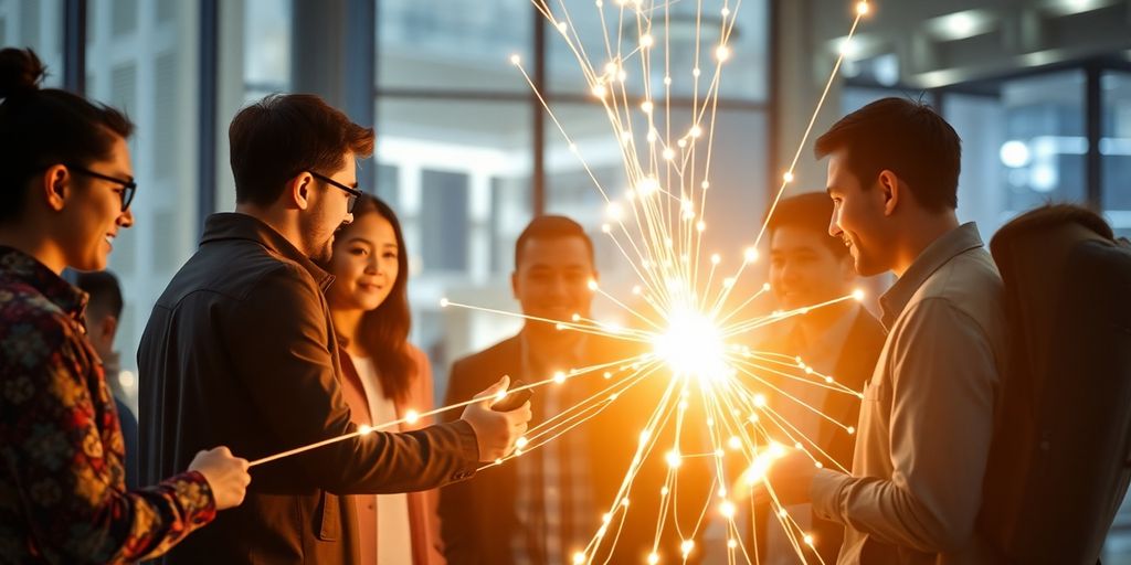 People interacting with glowing digital networks.