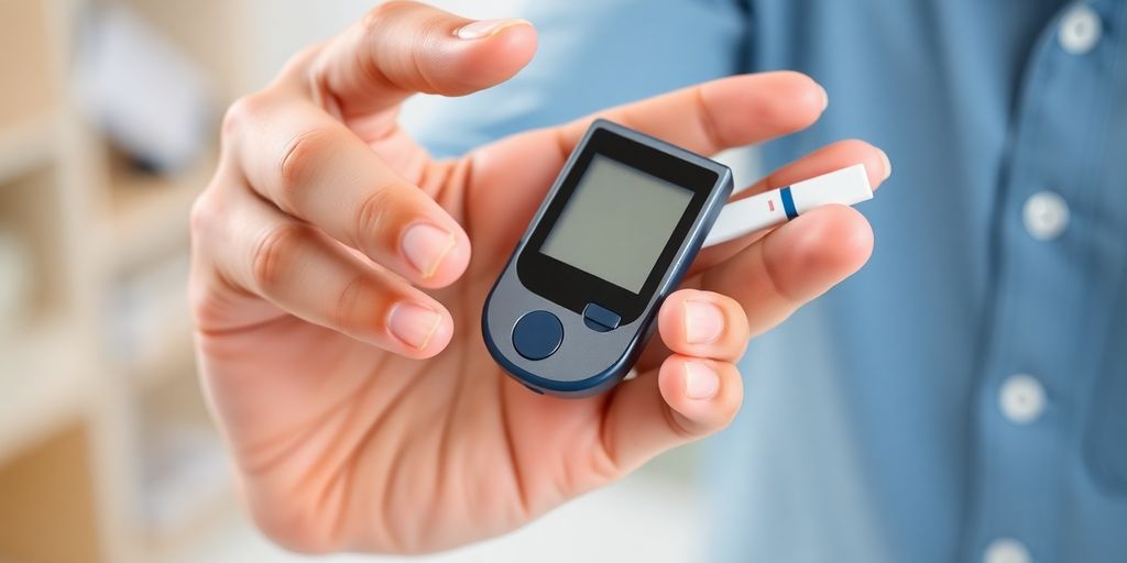 Man checking blood sugar with a machine.