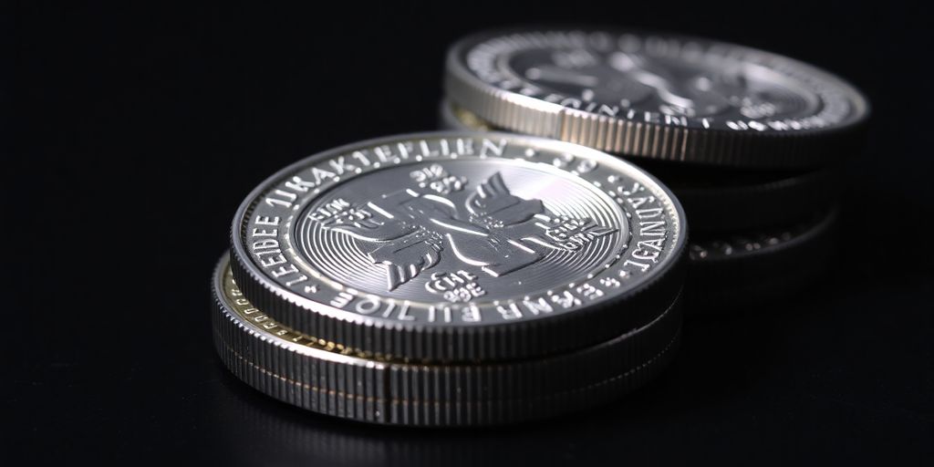 Pièces d'argent brillantes, empilées sur fond sombre.
